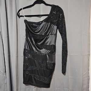 Black Satin & Lace One-Shoulder Dress